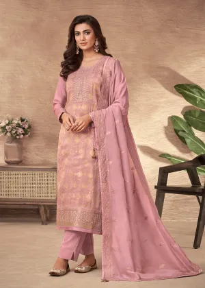 Embroidered Pink Viscose Jacquard Pant Style Salwar Suit