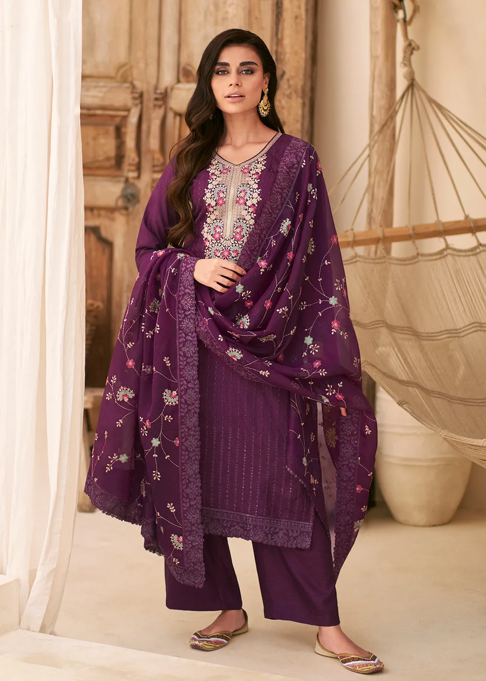 Embroidered Purple Dola Silk Festive Style Salwar Suit