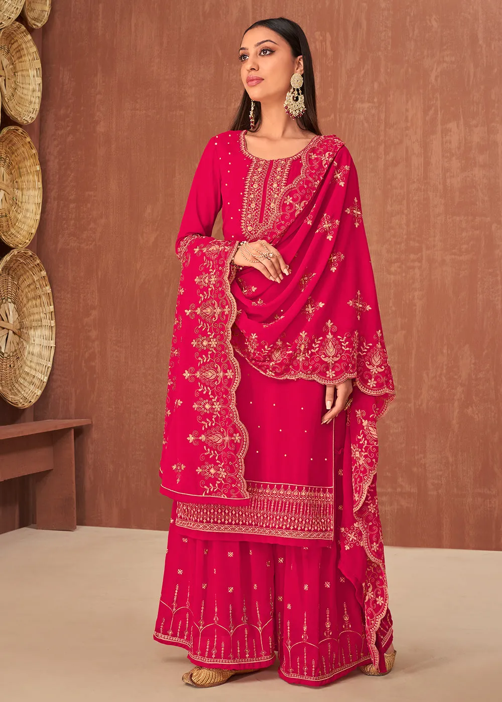 Ethnic Pink Georgette Traditionally Embroidered Palazzo Suit