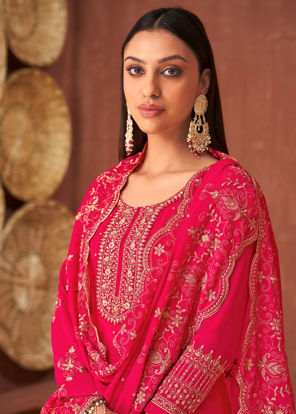 Ethnic Pink Georgette Traditionally Embroidered Palazzo Suit