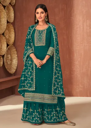 Ethnic Teal Georgette Traditionally Embroidered Palazzo Suit