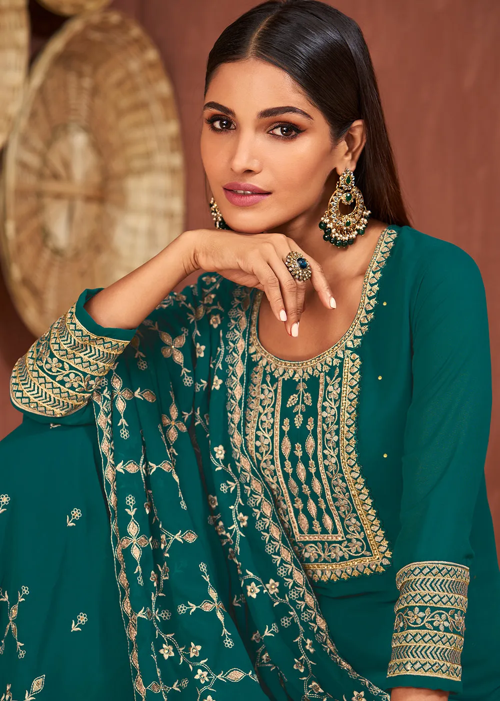 Ethnic Teal Georgette Traditionally Embroidered Palazzo Suit