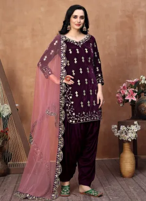 Eye-Catching Purple Embroidered Designer Velvet Patiala Suit