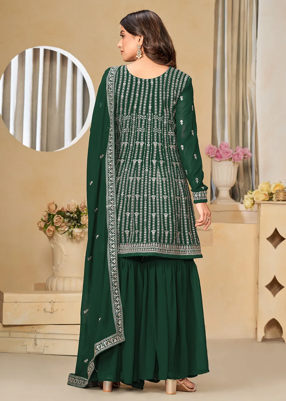 Faux Georgette Green Embroidered Gharara Style Suit