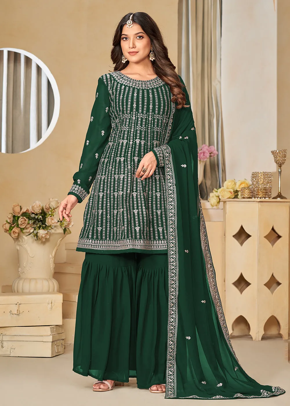 Faux Georgette Green Embroidered Gharara Style Suit