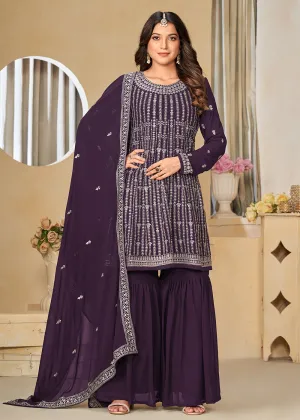 Faux Georgette Purple Embroidered Gharara Style Suit