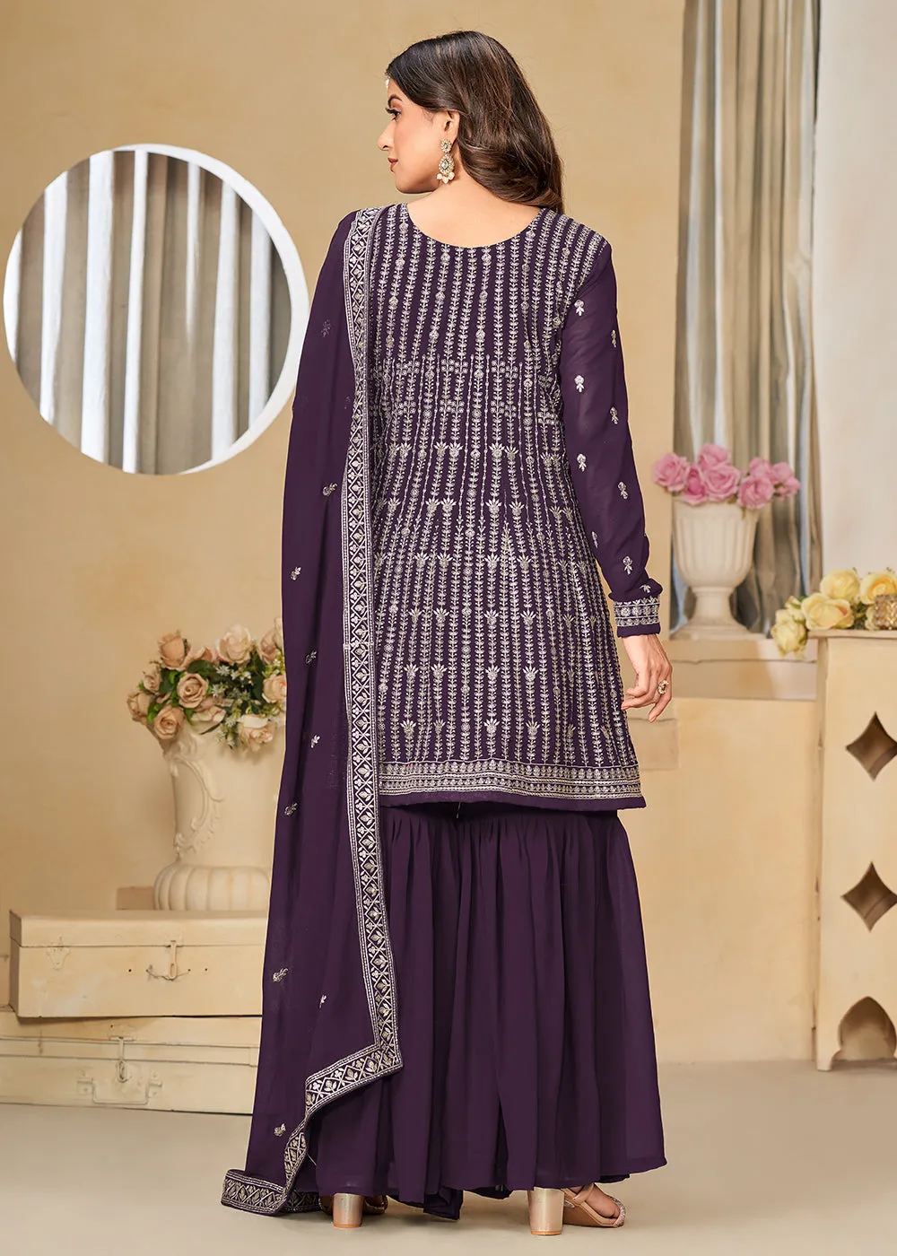 Faux Georgette Purple Embroidered Gharara Style Suit