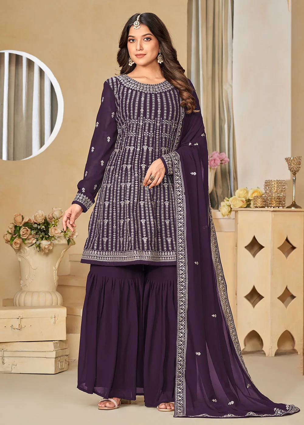 Faux Georgette Purple Embroidered Gharara Style Suit