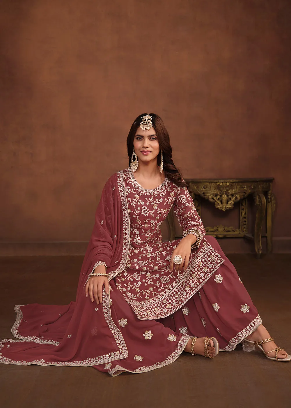 Faux Georgette Taupe Mauve Embroidered Festive Salwar Suit