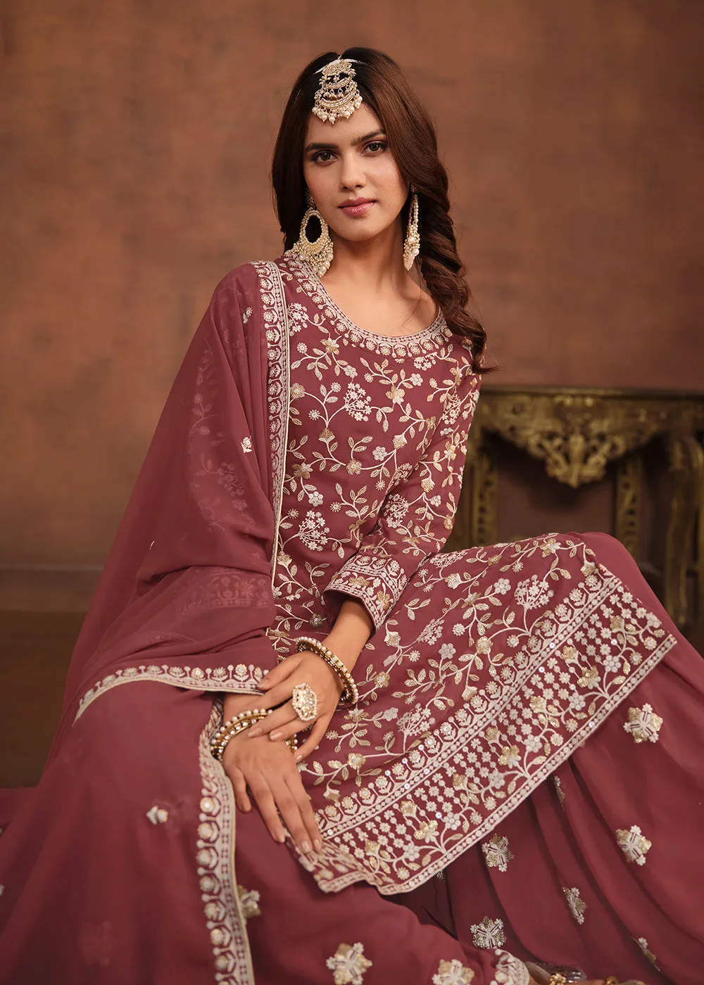 Faux Georgette Taupe Mauve Embroidered Festive Salwar Suit