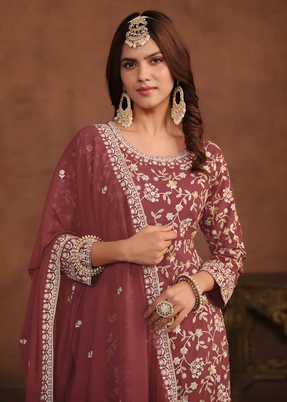 Faux Georgette Taupe Mauve Embroidered Festive Salwar Suit