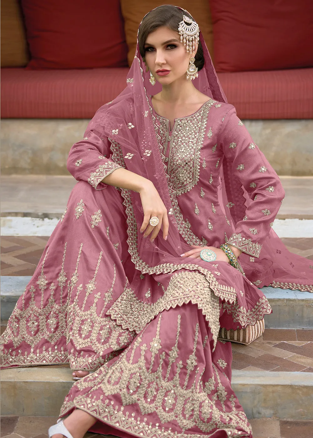 Festive Amazing Soft Pink Heavy Silk Sharara Suit