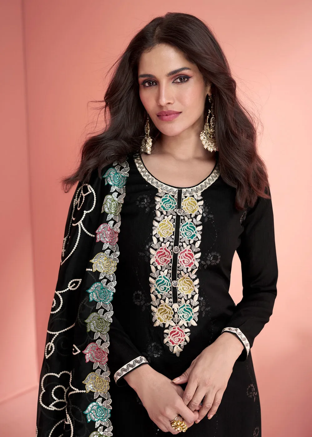 Festive Black Embroidered Premium Silk Palazzo Suit