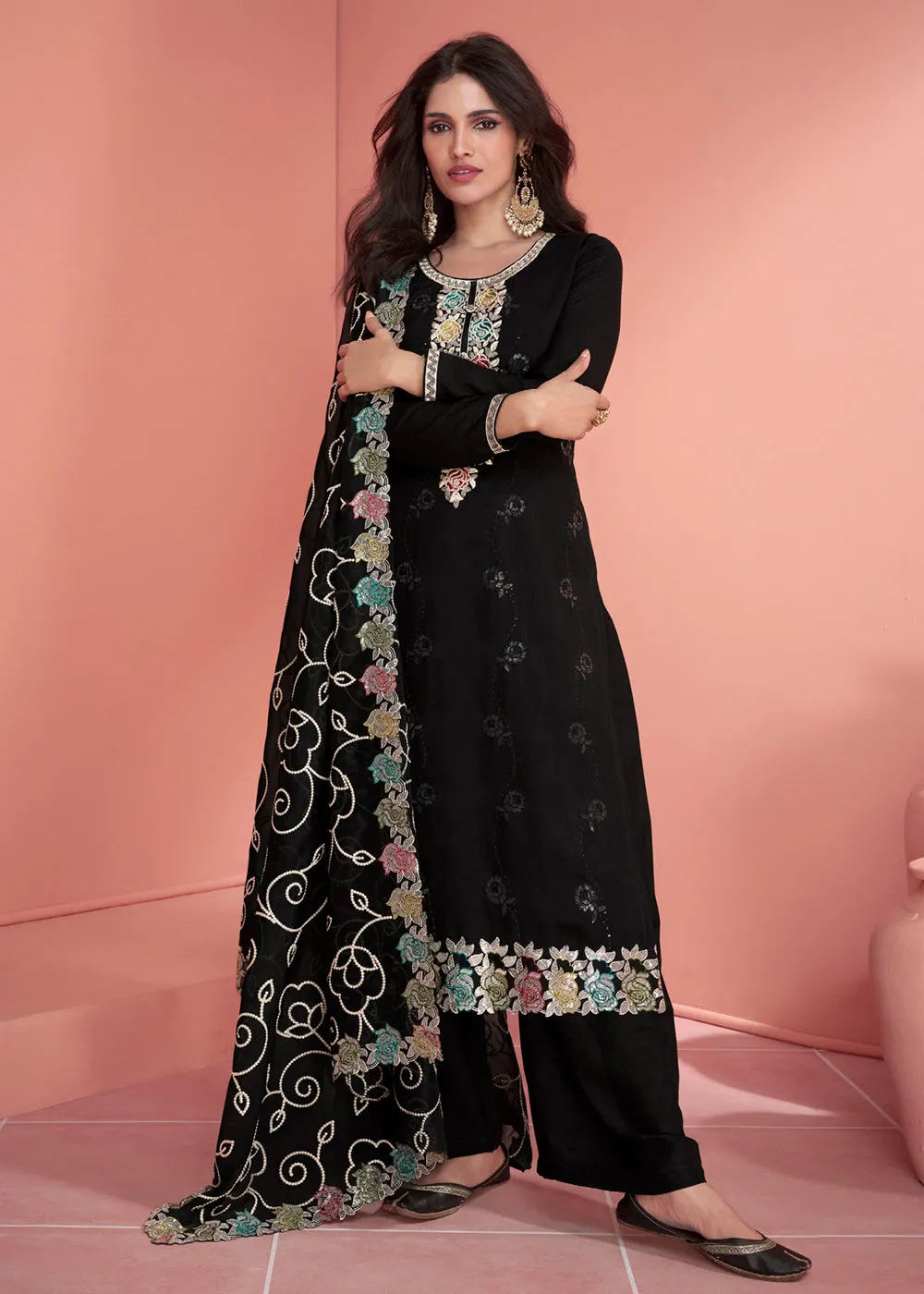 Festive Black Embroidered Premium Silk Palazzo Suit