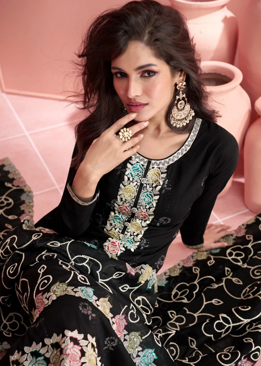 Festive Black Embroidered Premium Silk Palazzo Suit