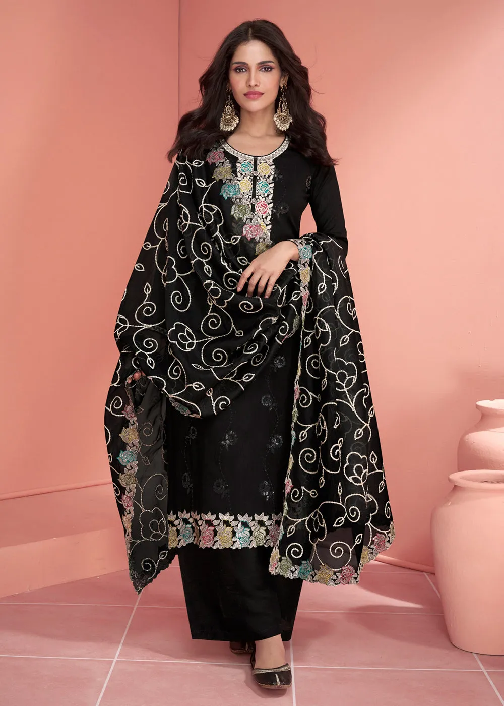 Festive Black Embroidered Premium Silk Palazzo Suit