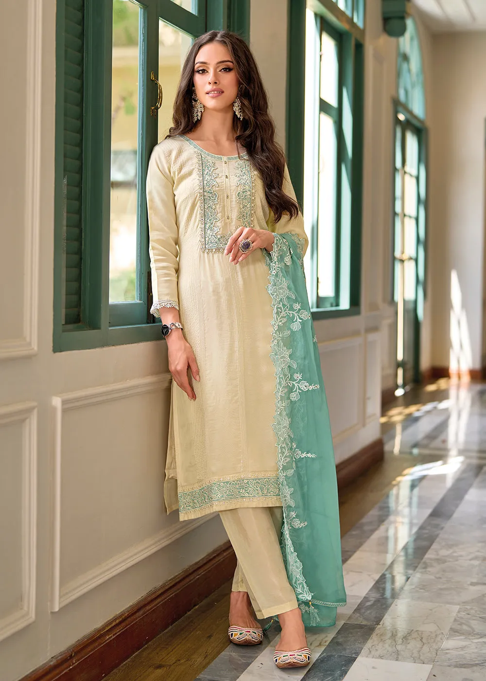 Festive Organza Cream Embroidered Salwar Kameez