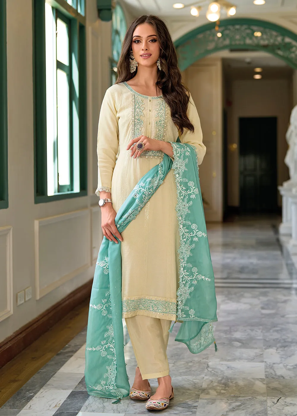 Festive Organza Cream Embroidered Salwar Kameez