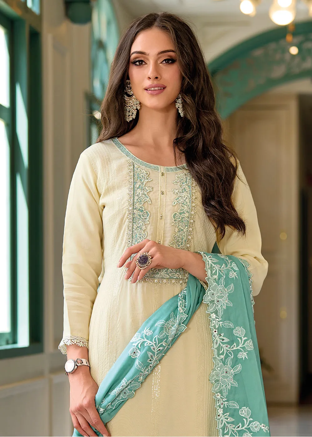 Festive Organza Cream Embroidered Salwar Kameez