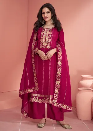 Festive Rani Pink Embroidered Premium Silk Palazzo Suit