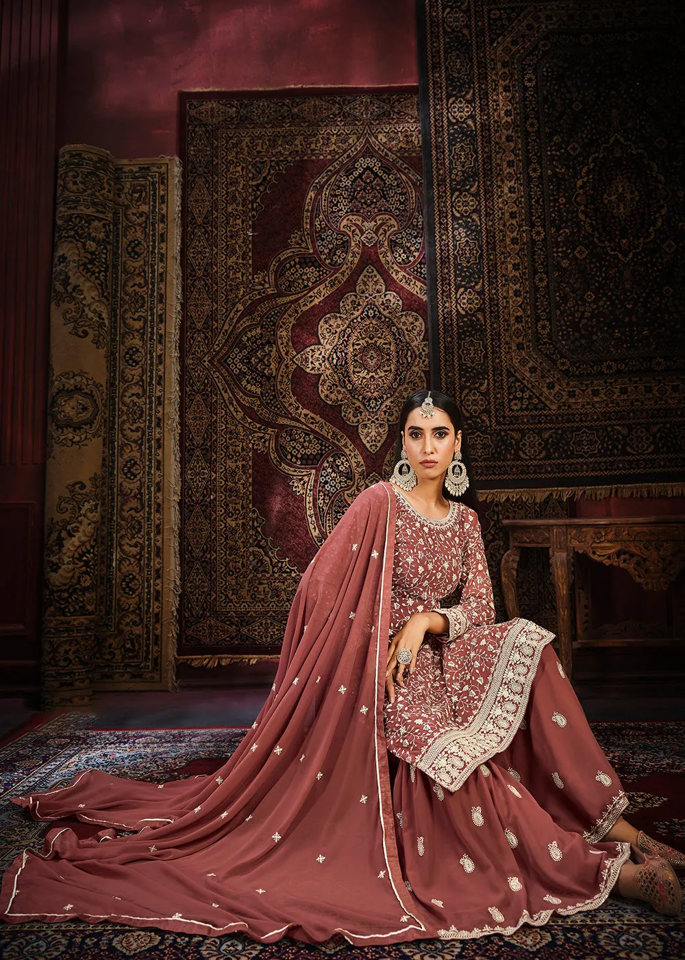 Festive Rust Color Faux Georgette Palazzo Salwar Suit