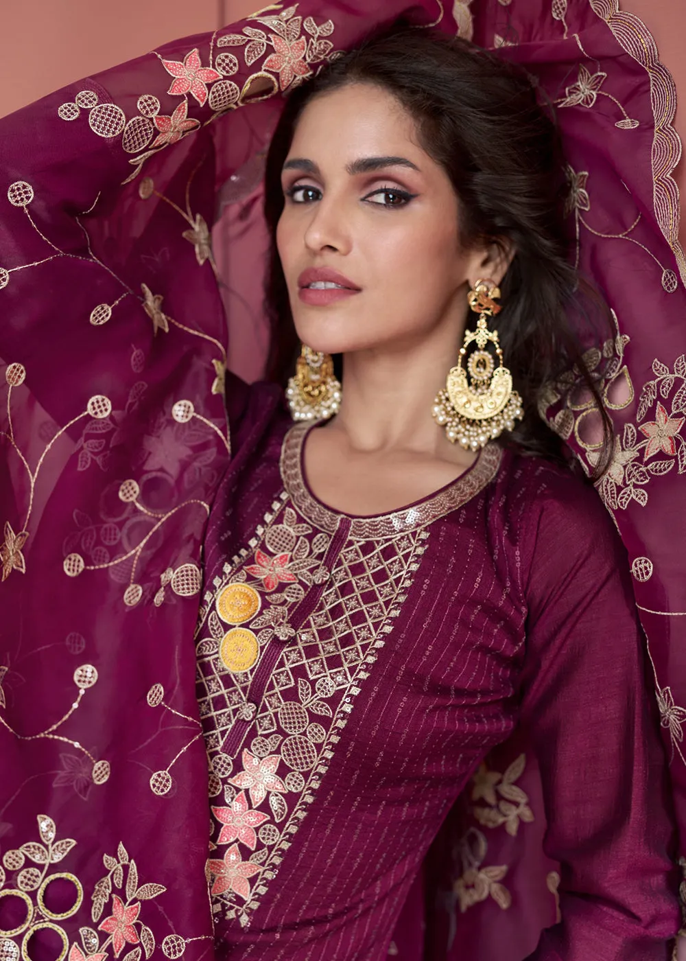 Festive Wine Embroidered Premium Silk Palazzo Suit