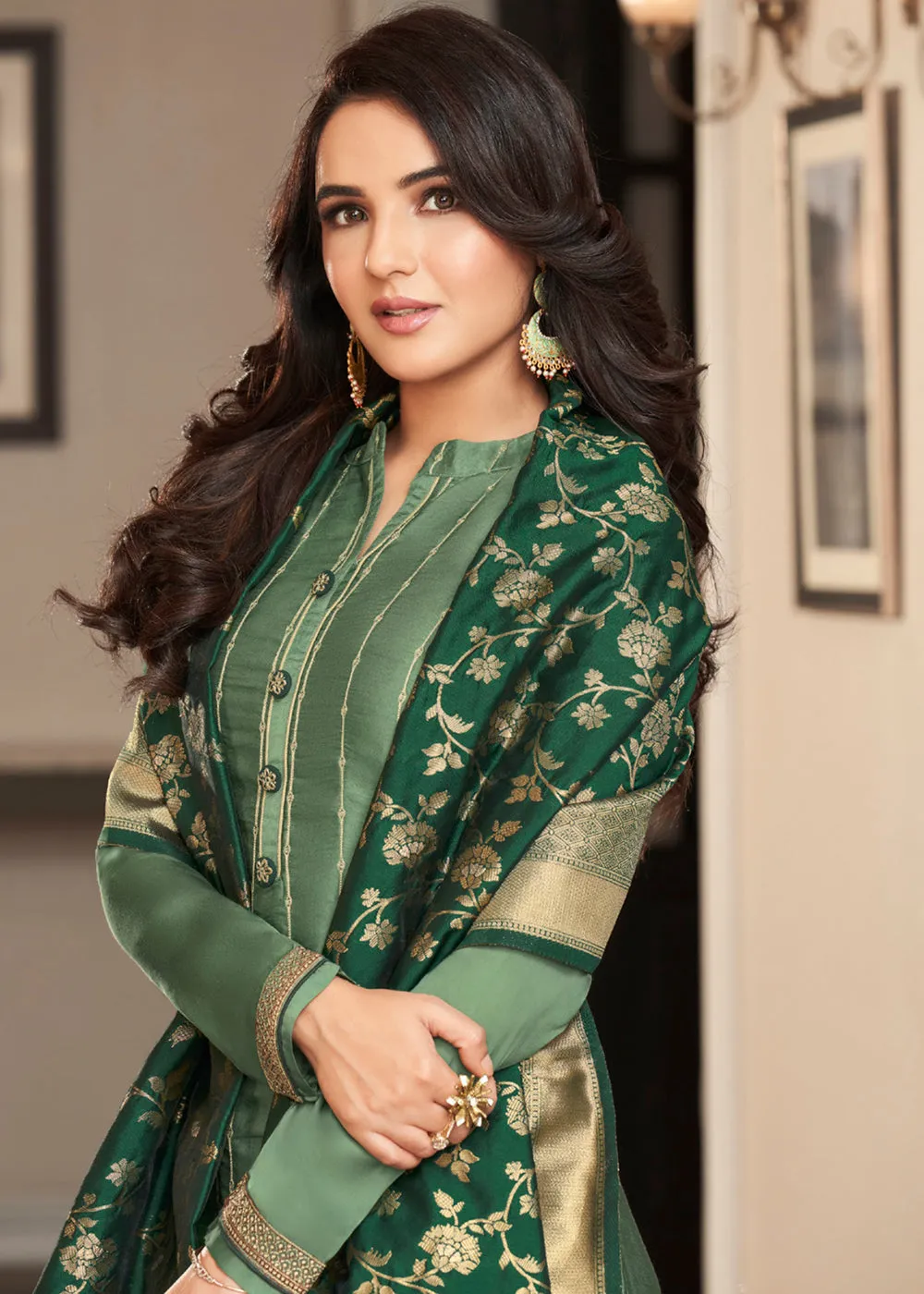 Forest Green Traditional Silk Embroidered Palazzo Salwar Suit