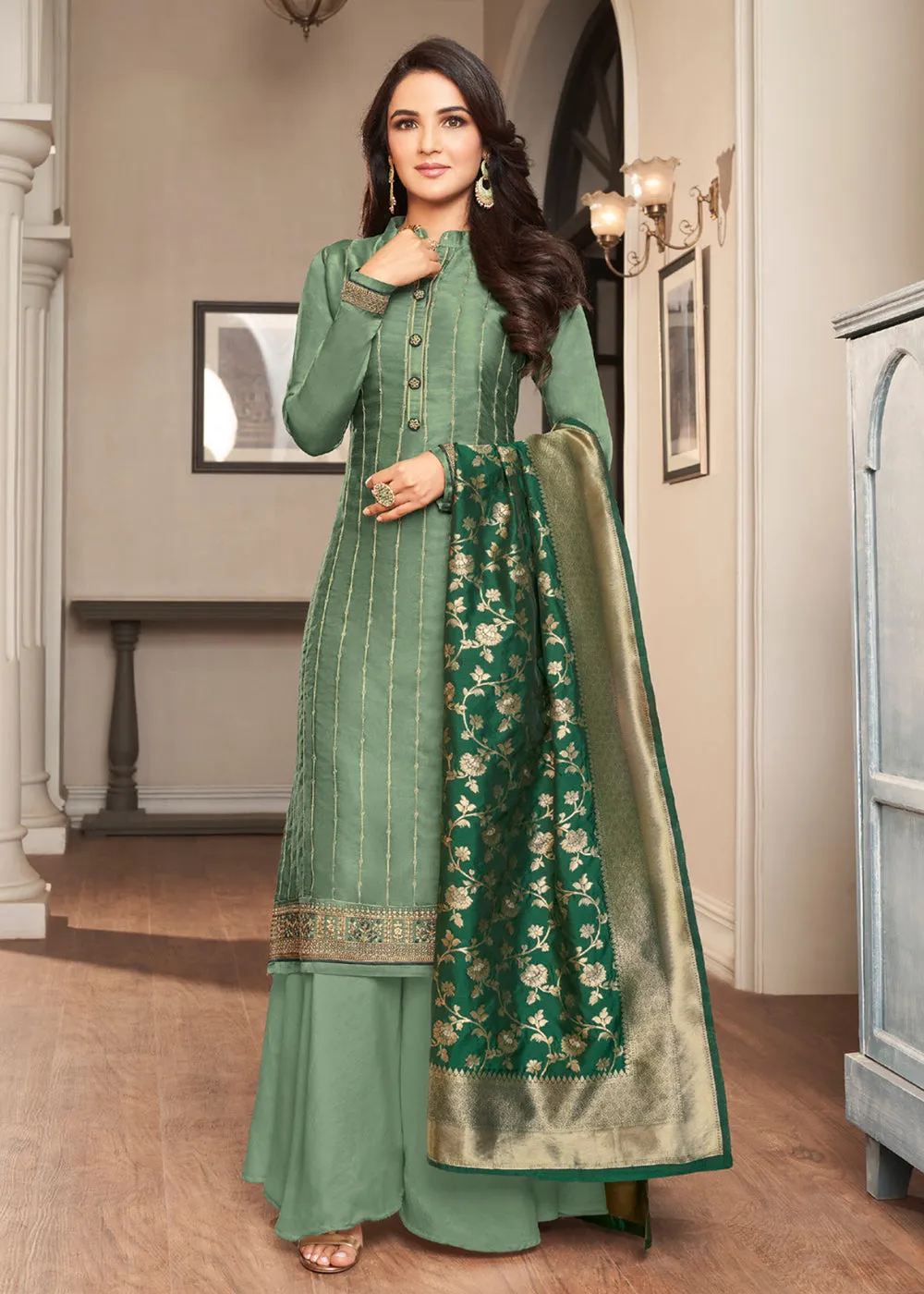 Forest Green Traditional Silk Embroidered Palazzo Salwar Suit