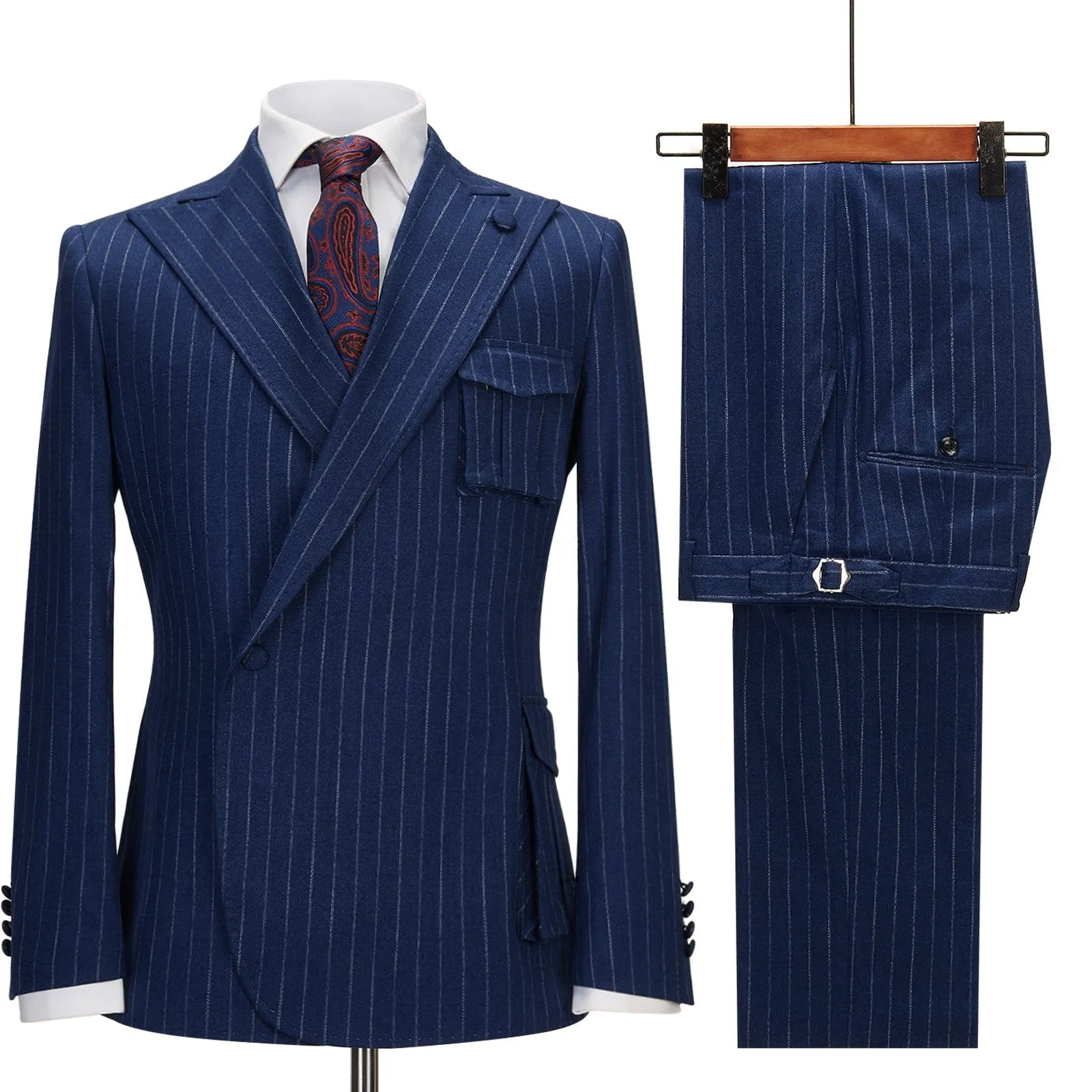 Formal Striped 3 Pieces Mens Peak Lapel Suit Tuxedos (Blazer Pants)