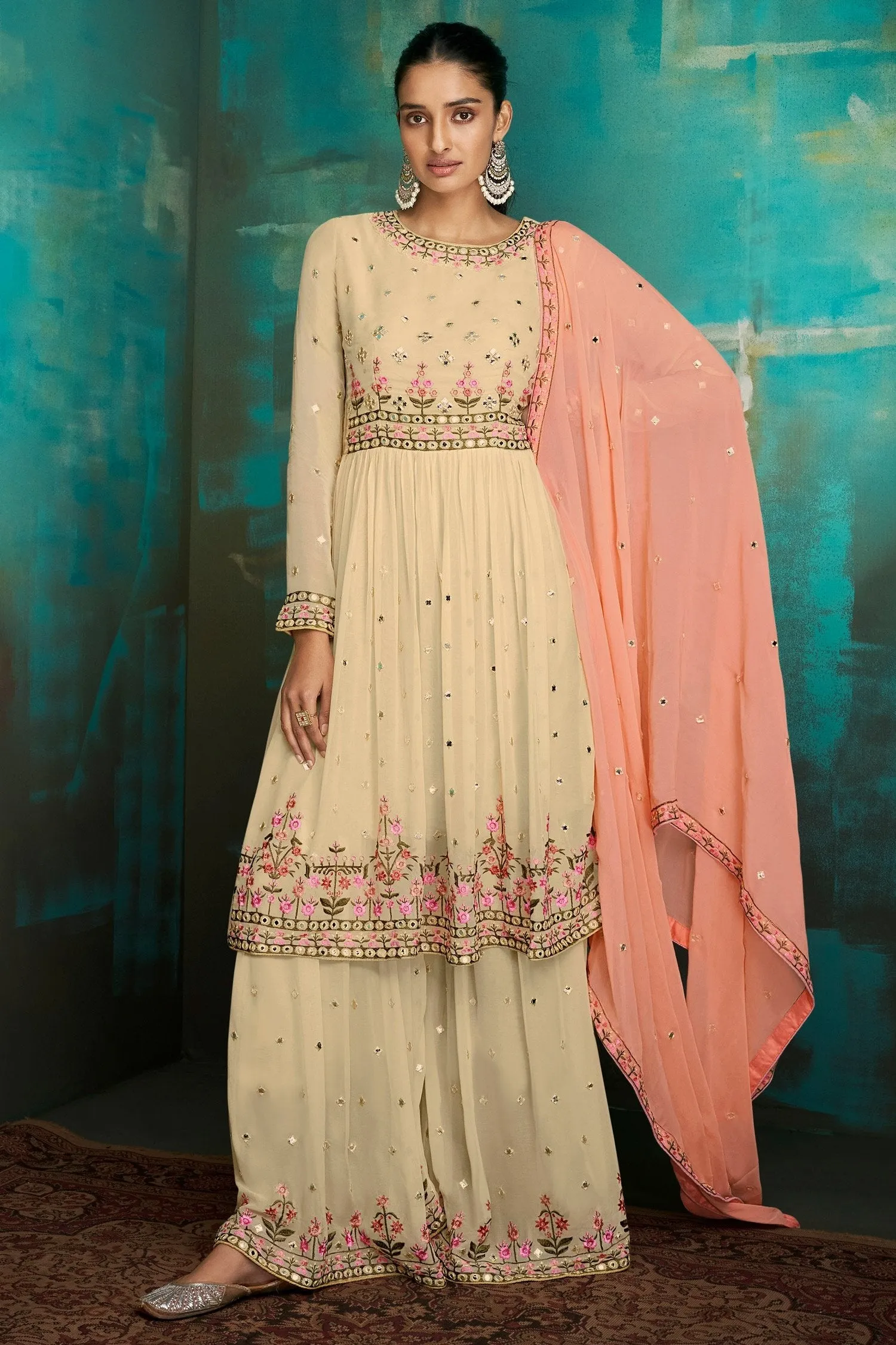 Gharara Style Cream Embroidered Sharara Suit