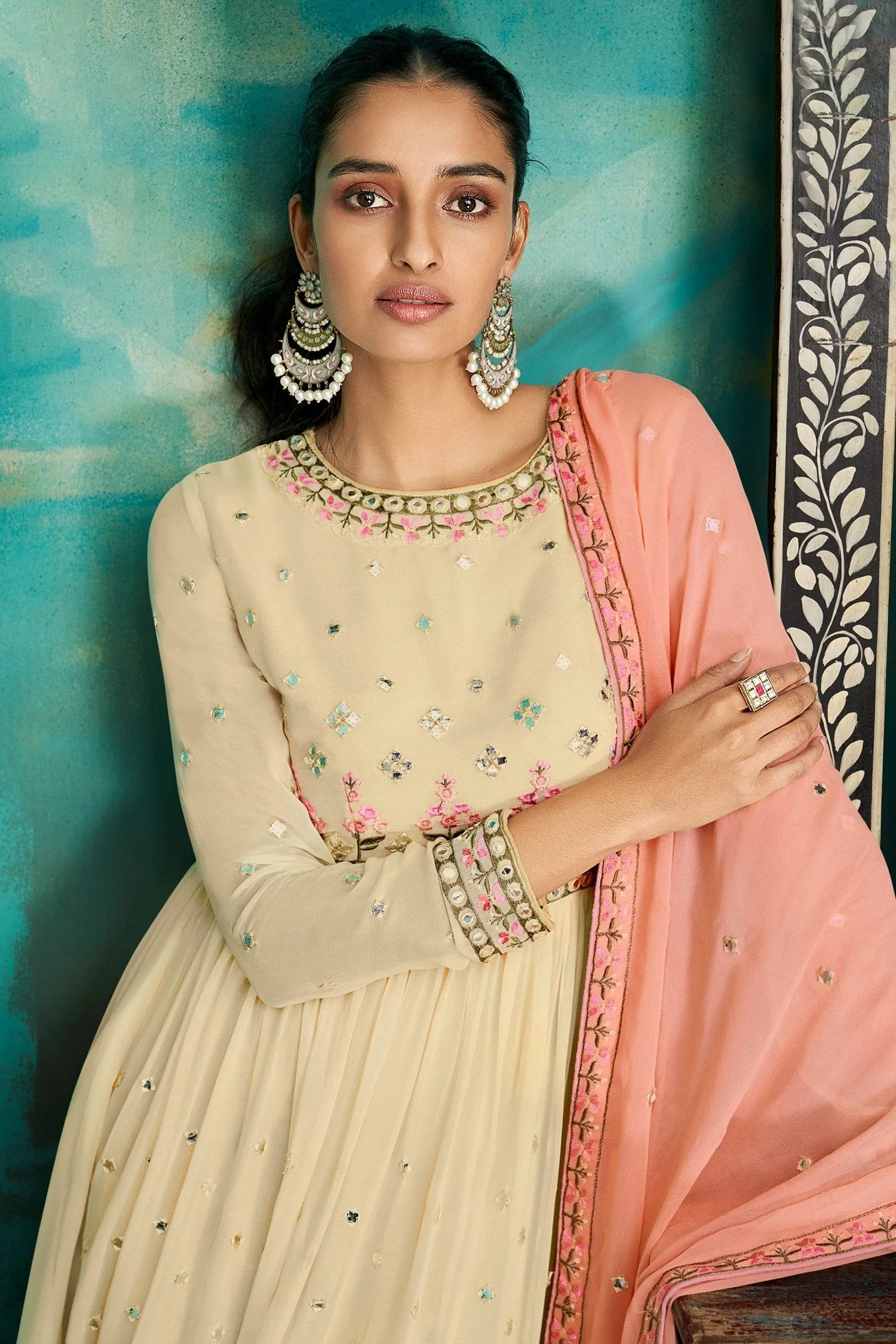 Gharara Style Cream Embroidered Sharara Suit