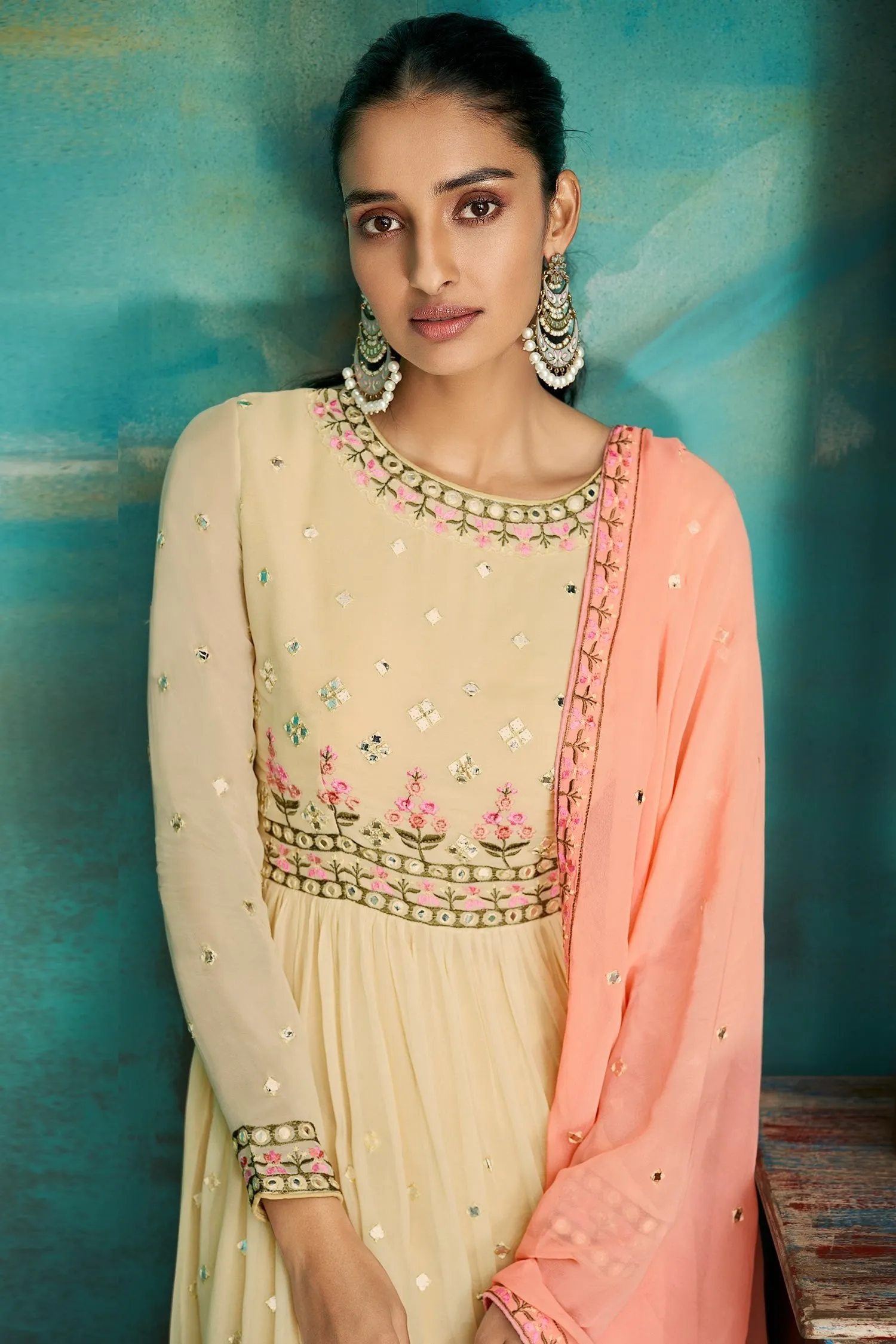 Gharara Style Cream Embroidered Sharara Suit