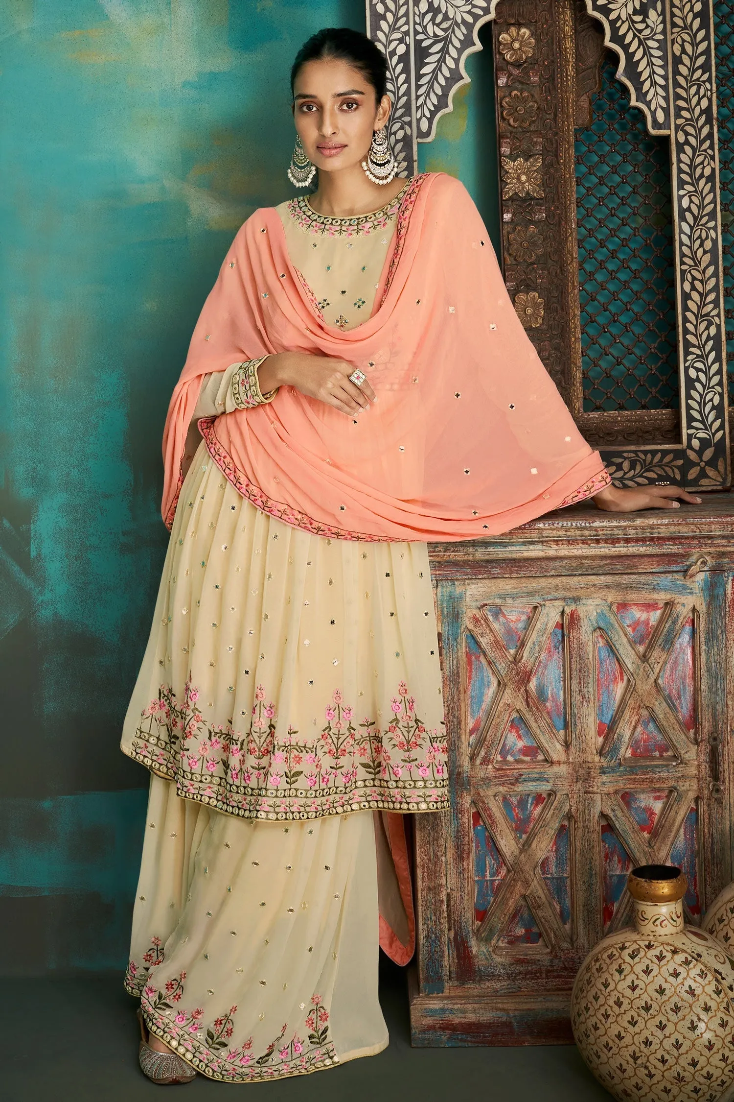 Gharara Style Cream Embroidered Sharara Suit