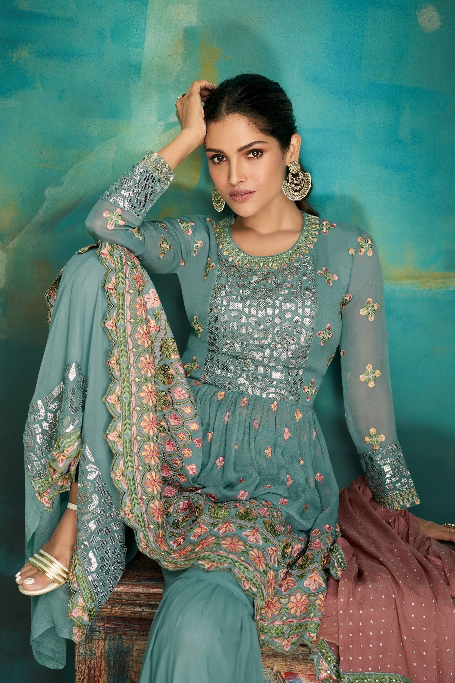 Gharara Style Dusty Blue Embroidered Sharara Suit