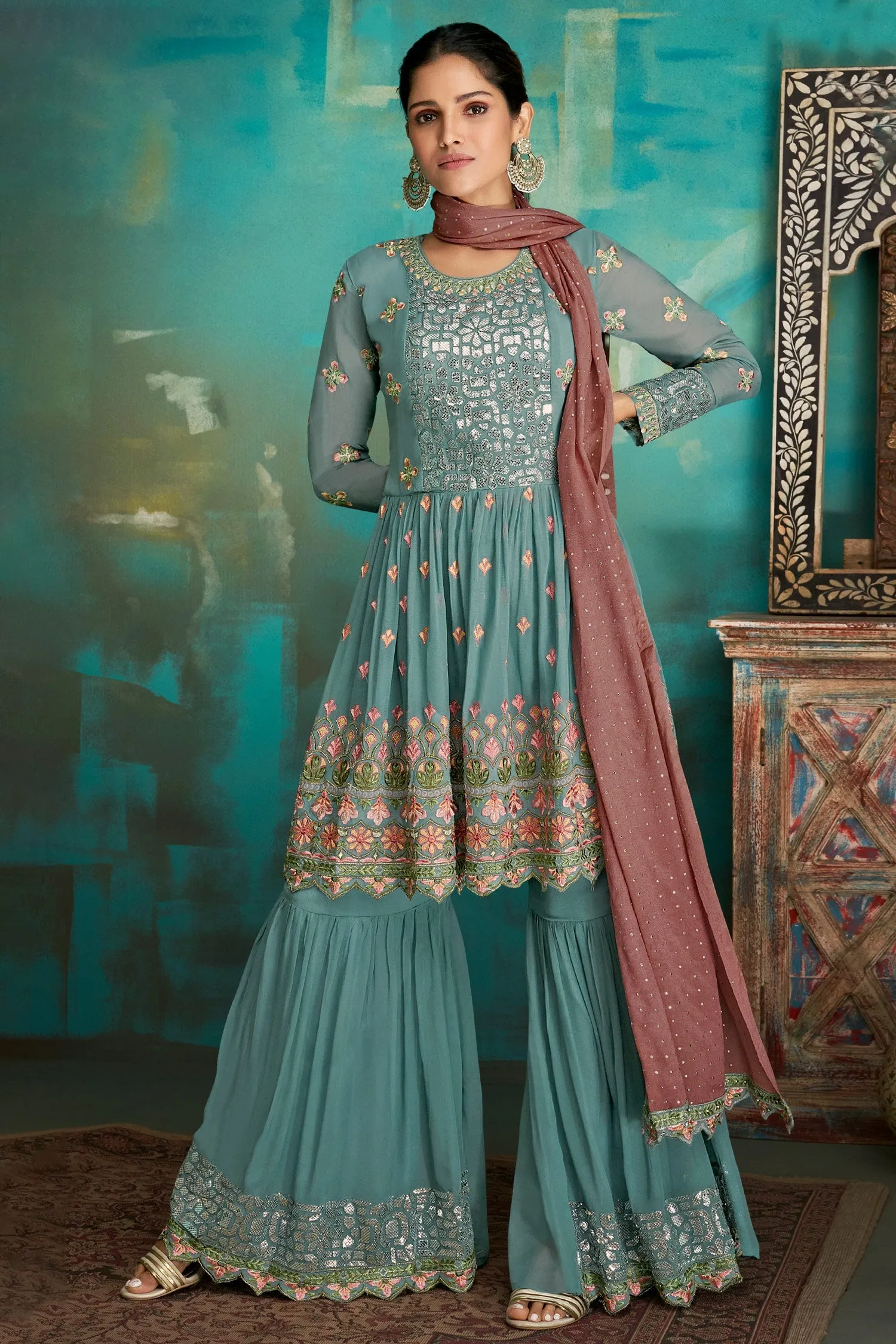 Gharara Style Dusty Blue Embroidered Sharara Suit