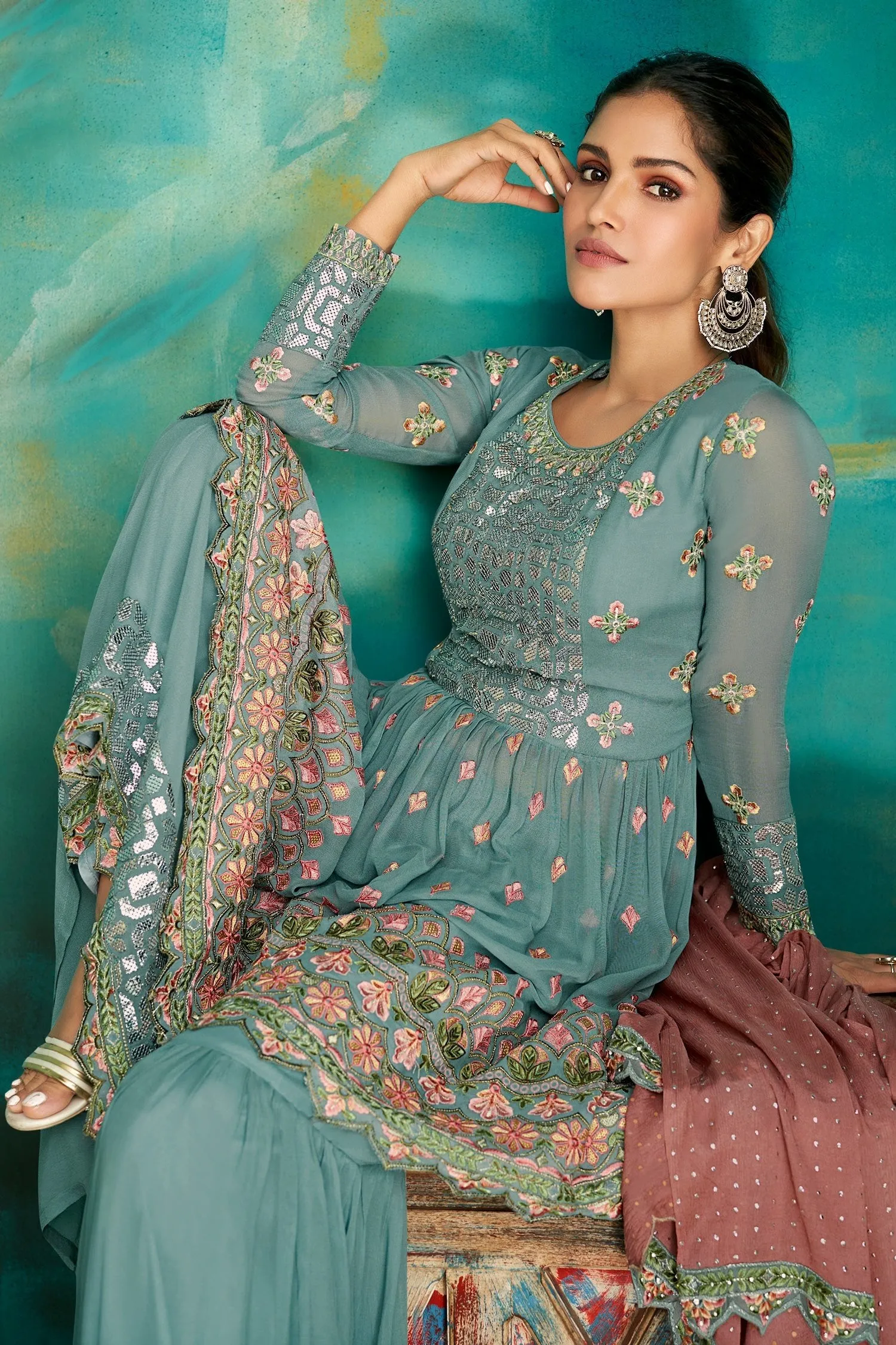 Gharara Style Dusty Blue Embroidered Sharara Suit