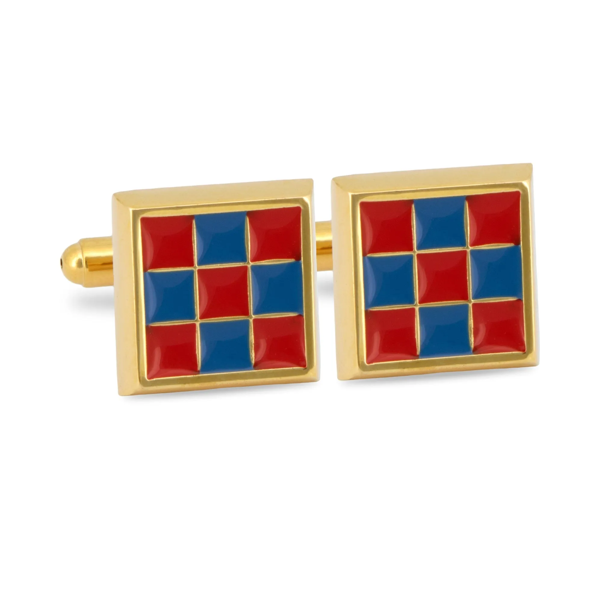 Gold Square Cufflinks with Red and Blue Checks (Online Exclusive)