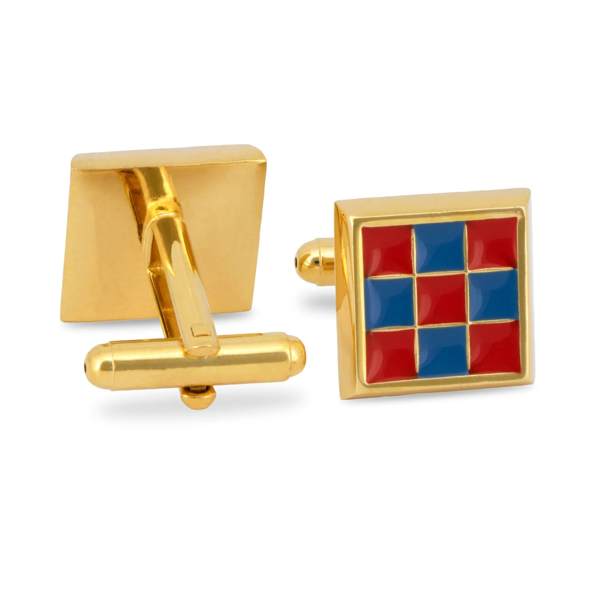 Gold Square Cufflinks with Red and Blue Checks (Online Exclusive)