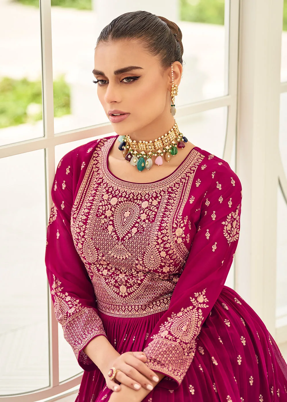 Gorgeous Georgette Magenta & Green Wedding Palazzo Suit