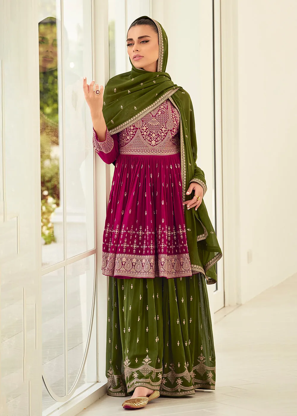 Gorgeous Georgette Magenta & Green Wedding Palazzo Suit