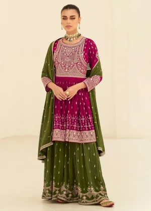 Gorgeous Georgette Magenta & Green Wedding Palazzo Suit