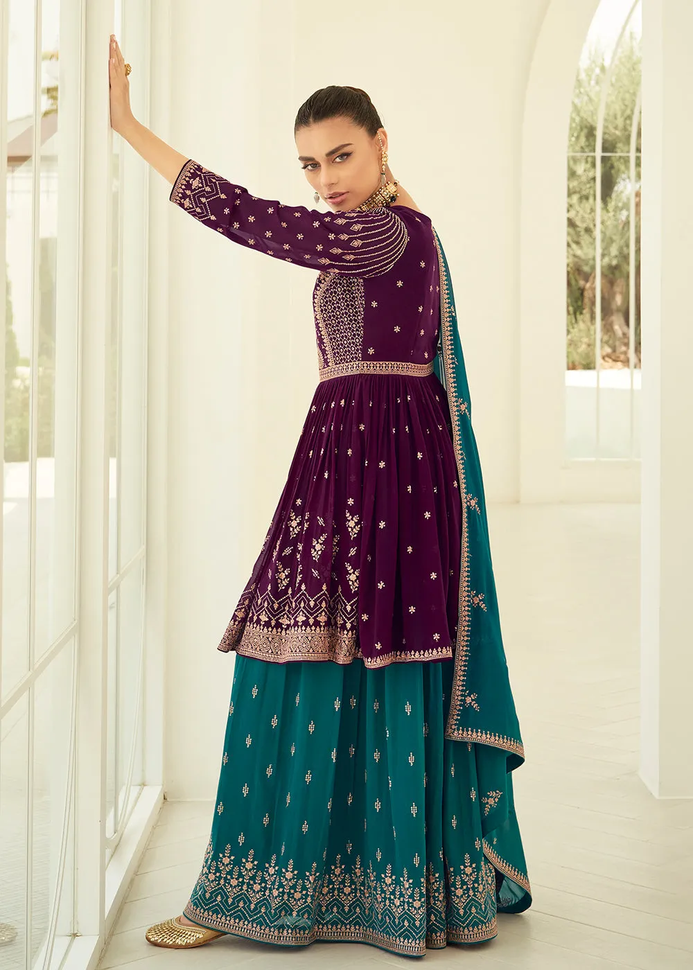 Gorgeous Georgette Purple & Teal Wedding Palazzo Suit