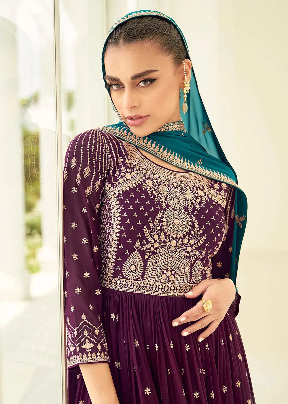 Gorgeous Georgette Purple & Teal Wedding Palazzo Suit