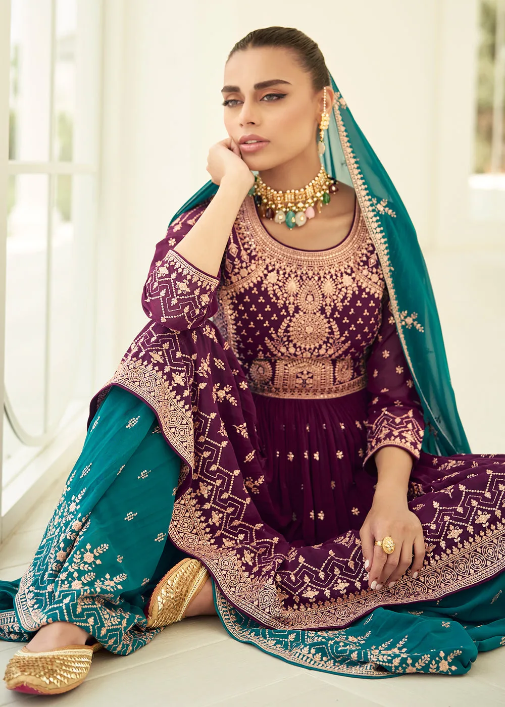 Gorgeous Georgette Purple & Teal Wedding Palazzo Suit