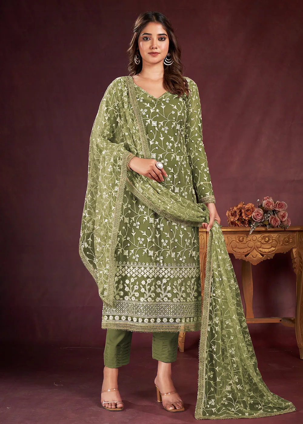 Green Butterfly Net Embroidered Festive Salwar Suit