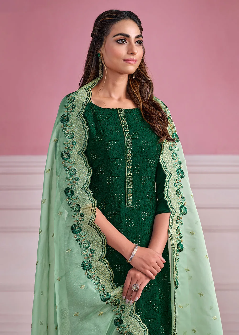 Green Chinnon Chiffon Chikankari Embroidered Wedding Salwar Suit