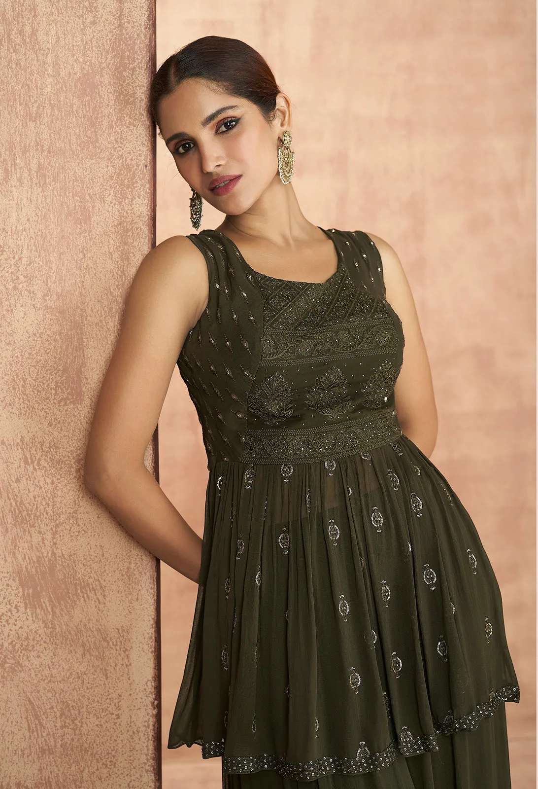 Green Crop Top 3 Piece Georgette Indo-Western Palazzo Suit