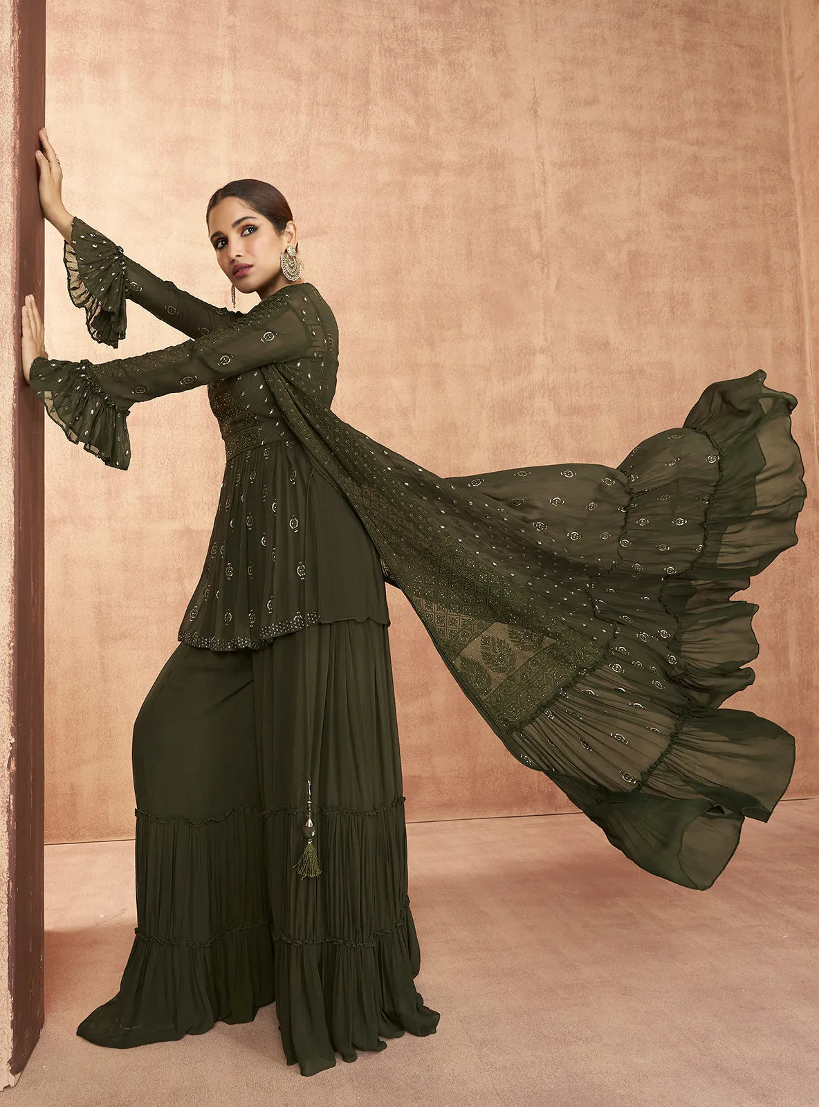 Green Crop Top 3 Piece Georgette Indo-Western Palazzo Suit