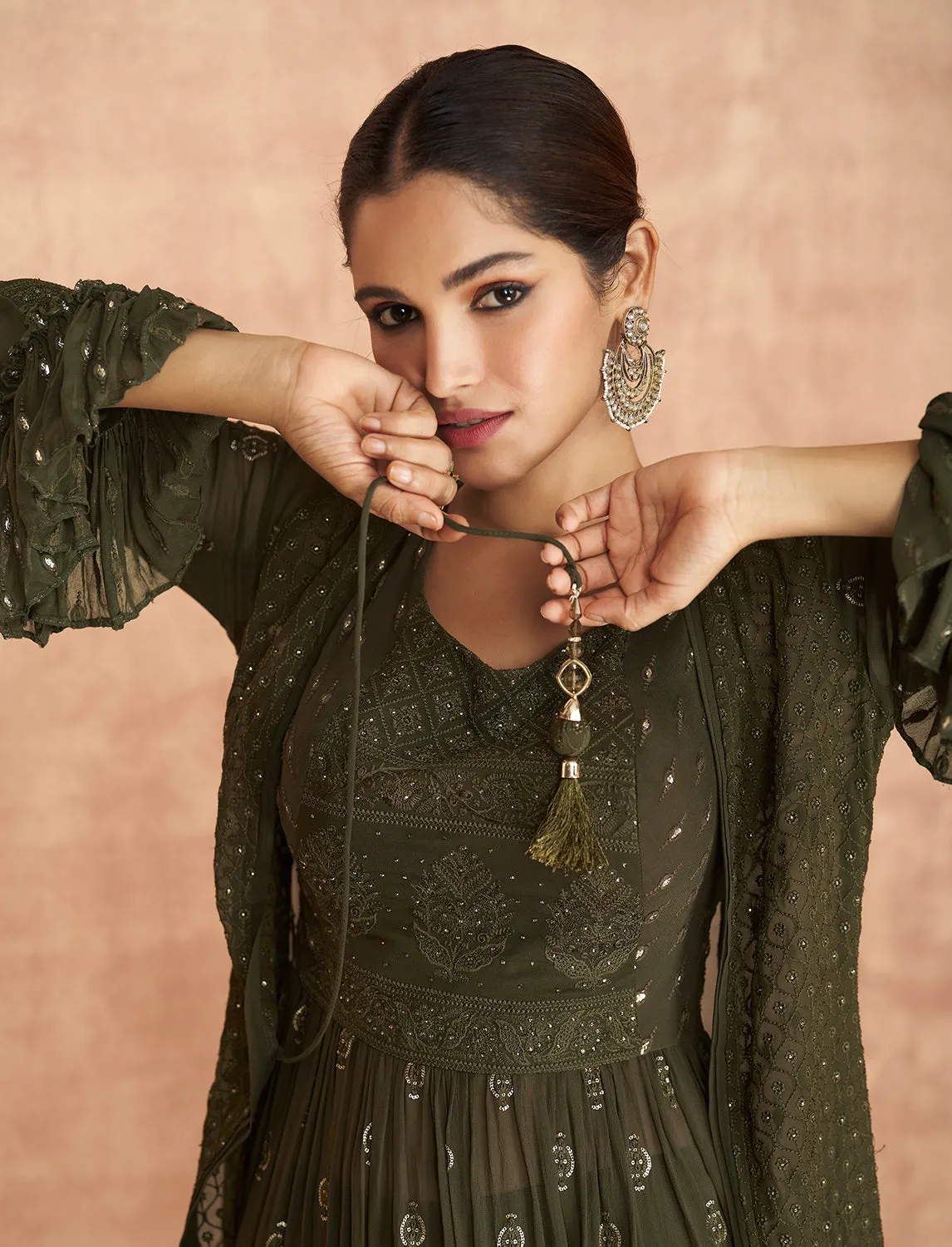 Green Crop Top 3 Piece Georgette Indo-Western Palazzo Suit