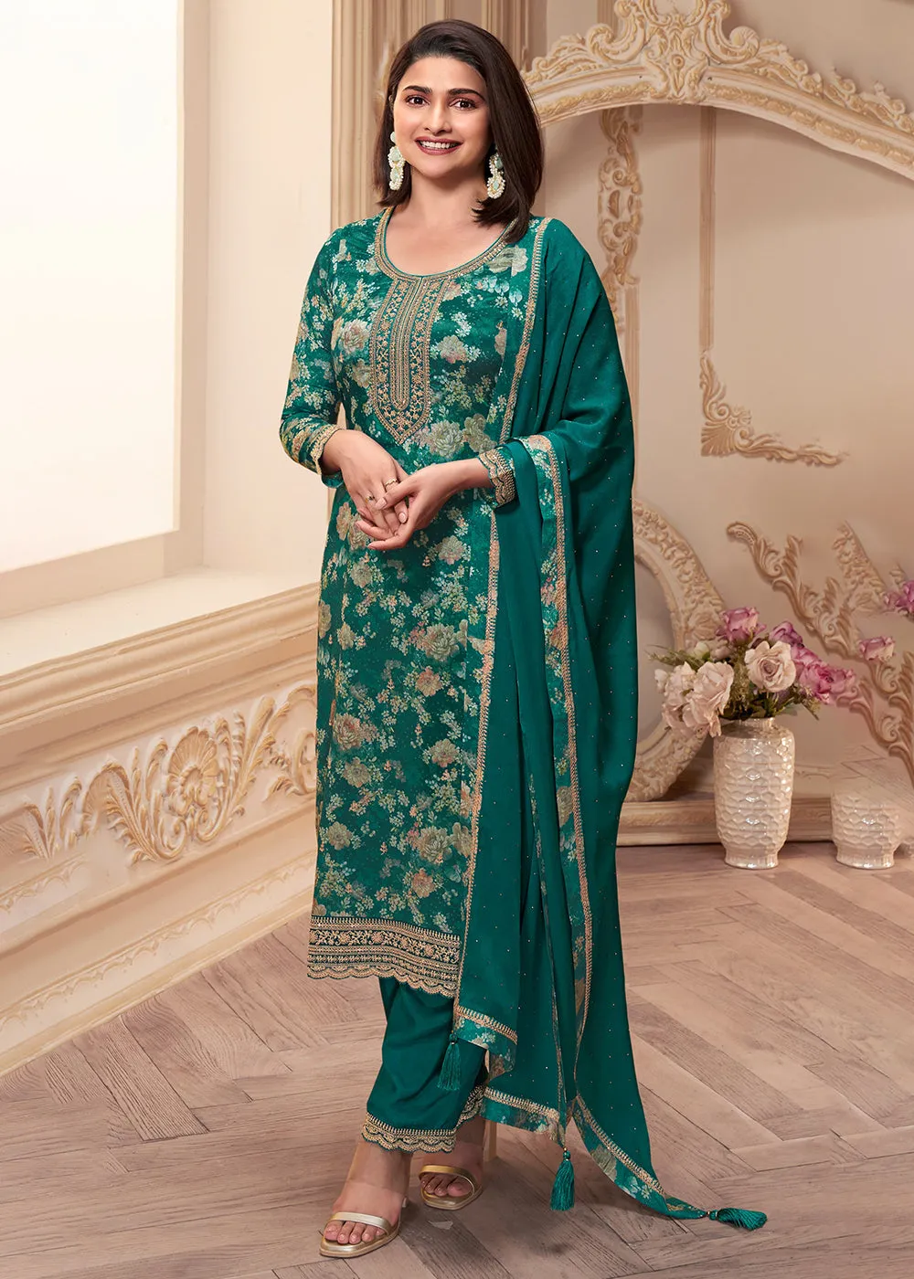 Green Digital Printed Chinnon Festive Salwar Kameez